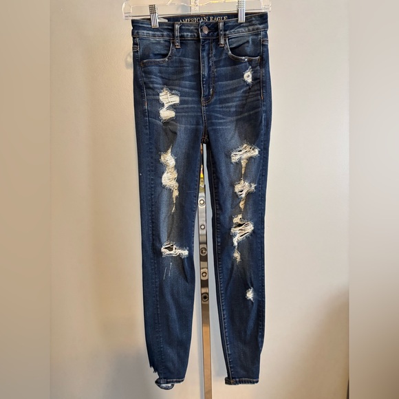 American Eagle Women's Jeans Stretch HELL YEAH Embroidery On Back Blue Denim 2 - Picture 3 of 8